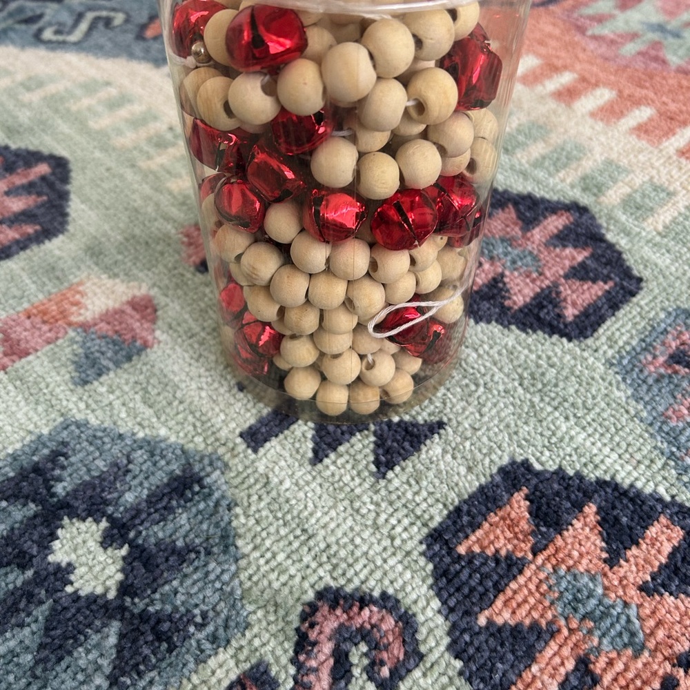 Festive Red jingle bells and Tan wooded Beaded Holiday garland
